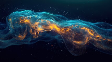 Abstract digital design featuring swirling, luminous shapes.