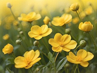 Fototapeta premium Sunlit Yellow Petals Framed by Soft Green Tones