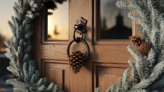 Festive welcome: A wooden door adorned with a wreath and pine cone charm - Powered by Adobe