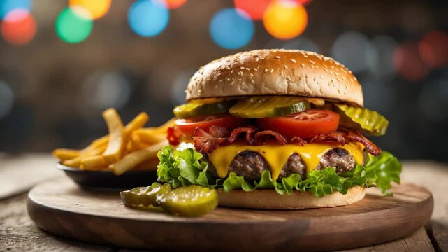 burger topped with lettuce, tomatoes, and pickles served on a plate with fries in the background