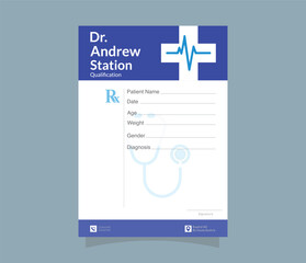 A doctor's prescription pad with patient information and a blue cross with a heartbeat line on top © LailaArtworks