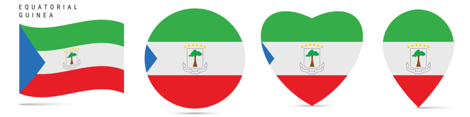 Obraz premium Equatorial Guinea waving flag, round circle sticker badge, heart shaped icon, map pin. Republic of Equatorial Guinea flag buttons of different shapes. Vector illustration isolated on white.