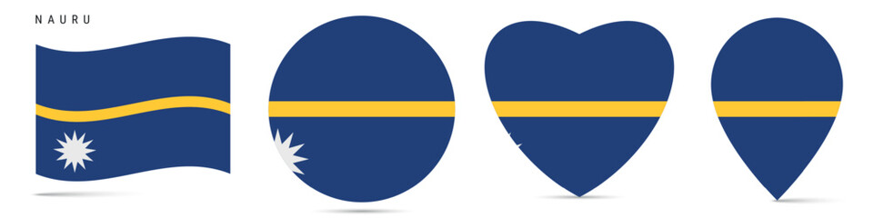 Nauru waving flag, round circle sticker badge, heart shaped icon, map pin. Nauruan flag buttons of different shapes. Vector illustration isolated on white.