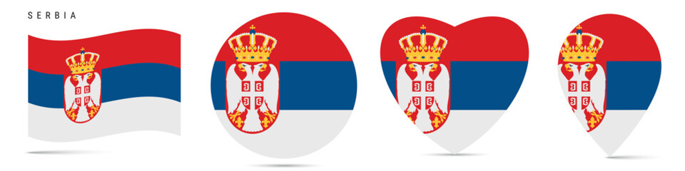 Naklejka premium Serbia waving flag, round circle sticker badge, heart shaped icon, map pin. Serbian flag buttons of different shapes. Vector illustration isolated on white.