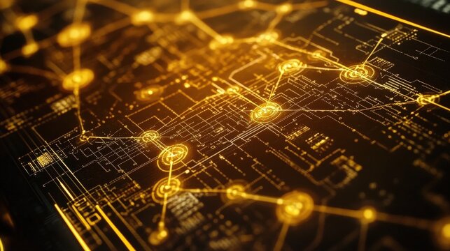 Intricate technological network design with glowing connections.