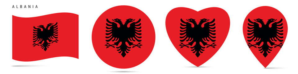 Albania waving flag, round circle sticker badge, heart shaped icon, map pin. Albanian flag buttons of different shapes. Vector illustration isolated on white.