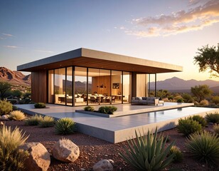 Desert Oasis Modern home with Arizona landscape, and poolside living at sunset.