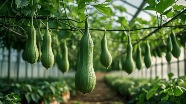 Close-up of sponge gourd from a garden, a perennial vine variety cultivated for its fruit.