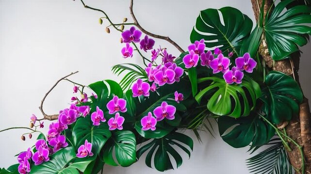 Floral arrangement with showcasing a bush of plants, leaves, and orchids on a branch against a backdrop.