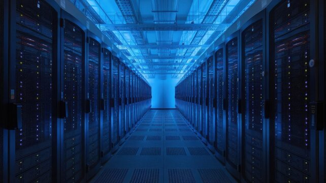 Futuristic Data Center Server Room: A modern technology landscape in blue light