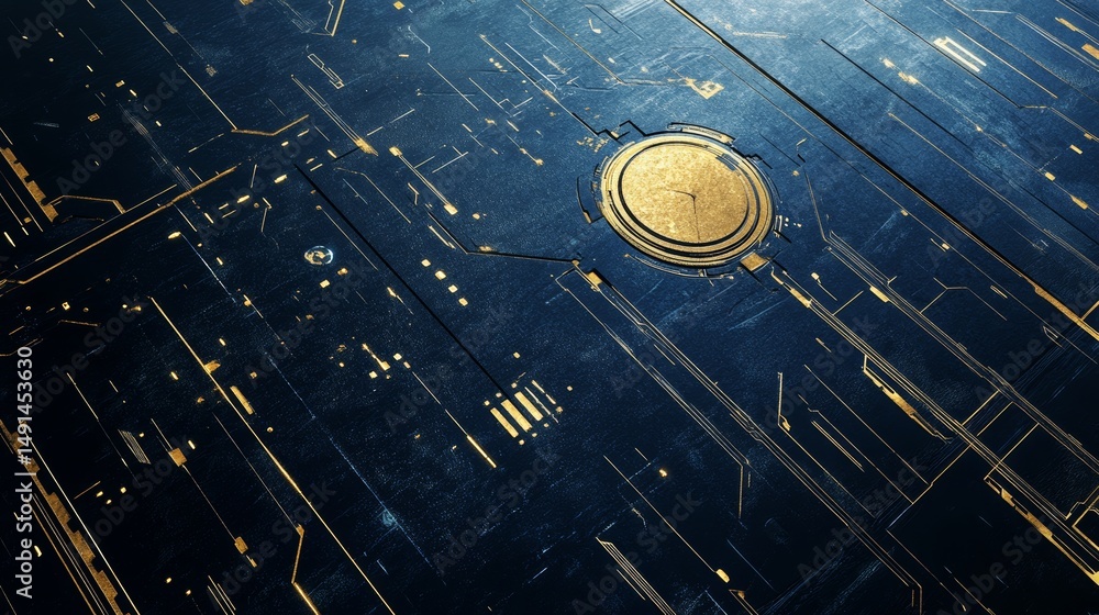 Poster intricate blue surface with golden circuit patterns and circular embellishment