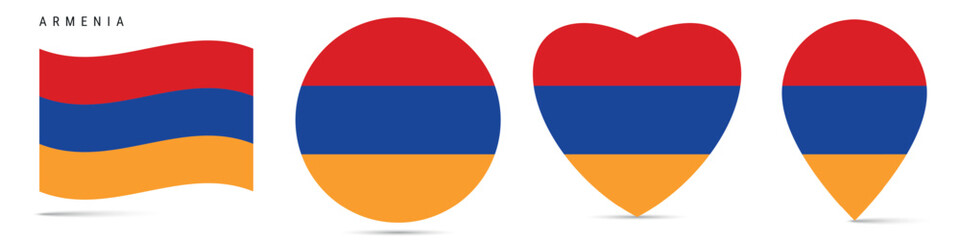 Armenia waving flag, round circle sticker badge, heart shaped icon, map pin. Armenian flag buttons of different shapes. Vector illustration isolated on white.