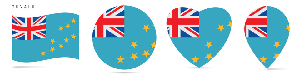 Tuvalu waving flag, round circle sticker badge, heart shaped icon, map pin. Ellice Islands flag buttons of different shapes. Vector illustration isolated on white.