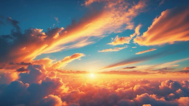 Stunning twilight sky cloud backdrop at sunset, featuring vivid orange, yellow, and blue sunlight along with gorgeous golden sunshine.