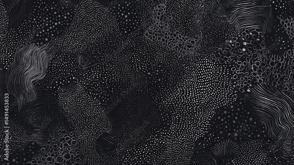 Poster monochromatic abstraction showcasing intricately woven lines and myriad of dots
