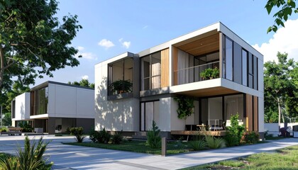 Modern Cubic Home Sunny Exterior Design with Greenery  Blue Sky.