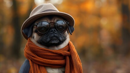 Stylish pug dog in hat, sunglasses, and scarf outdoors in autumn.