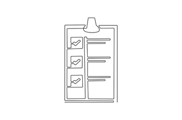 Continuous one line drawing of Clipboard with checklist. Single line drawing illustration of Clipboard. Symbol of to do list concept vector art. Doodle line illustration.