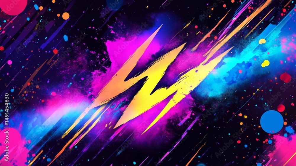 Poster vibrant abstract composition with angular shapes and colorful splatters