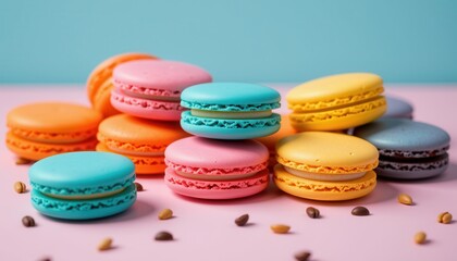 Fototapeta premium a collection of colorful macarons arranged in rows against a pink background.
