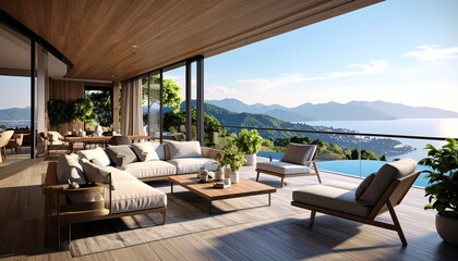 Obraz premium Balcony Bliss Coastal Living with Mountain Views.