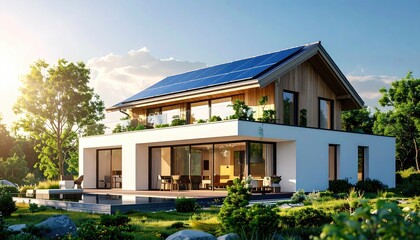 Fototapeta premium Modern Home with Solar Panels in Sunny Green Environment.