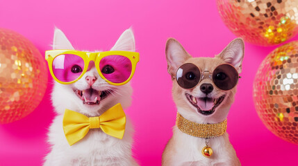 Fototapeta premium Smiling dog and cat wearing sunglasses and bow decoration fashion outfits on disco ball shiny playful colorful backgorund. advertising festival christmas new year celebrate party retro pink poster