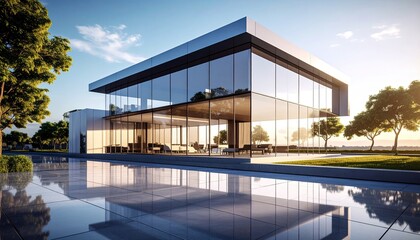Obraz premium Modern Glass House Reflection Architecture with Design, Sunlight, and Luxury.