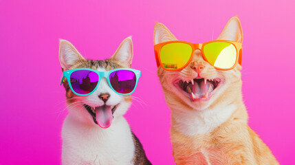 Smiling dog and cat wearing sunglasses and decoration fashion outfits on disco shiny playful colorful backgorund. advertising vr festival christmas new year celebrate party retro pink tech poster