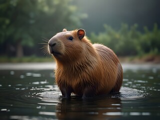 Capybara standing in water with trees in background. The worlds largest rodent is native to South America and is semiaquatic mammal of the family Caviidae.