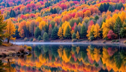 Obraz premium a serene autumnal landscape with a body of water reflecting vibrant fall colors from surrounding trees.