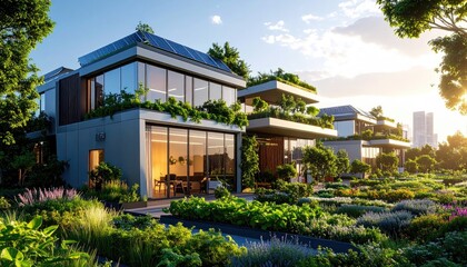 Fototapeta premium EcoFriendly Modern Houses with Lush Gardens at Sunset with Urban Oasis.