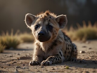 Portrait of a spotted hyena cub resting on the ground in a natural environment. The young animal has distinctive spots and a curious expression.