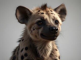 Close up portrait of a spotted hyena with distinctive markings and fur, looking attentively to the side. The animals features are well defined against a soft background.