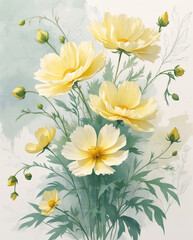 Obraz premium Cosmos flowers botanical digital print with soft yellow petals buds and light green leaves on cream background elegant decor painting floral botanical illustration wallpaper backgorund