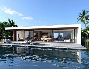 Fototapeta premium Modern Waterfront Villa Poolside Paradise with Palm Trees.