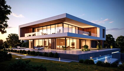 Obraz premium Modern Villa Sunset Luxury Home with Pool in Dream Location.