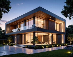 Modern Home at Dusk Contemporary Architecture Elegance.