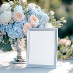 Obraz premium White frame mock up on the table decorated with bouquet of flowers