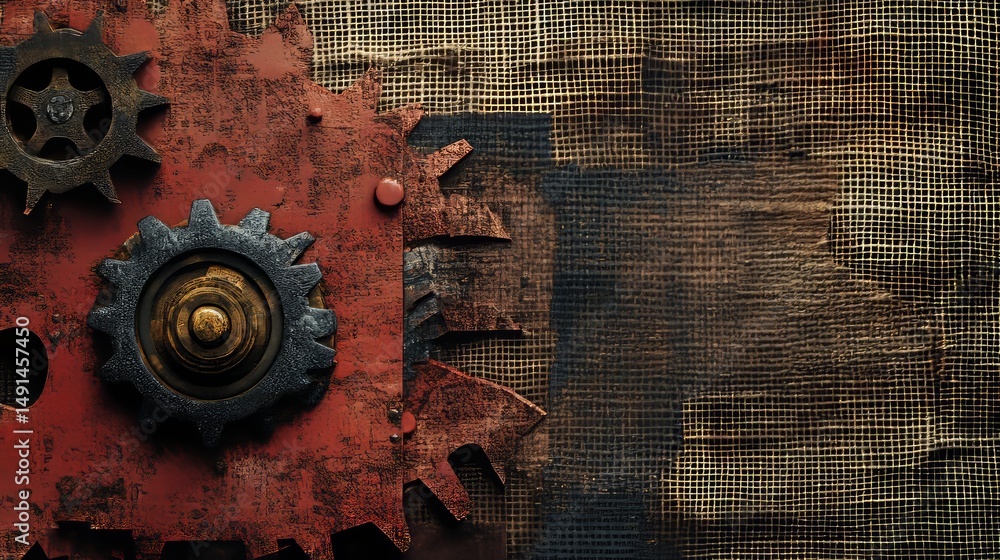 Poster mechanical rust gears against a rustic burlap canvas backdrop composition