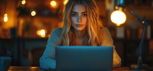 Fototapeta premium Woman focused on laptop at night