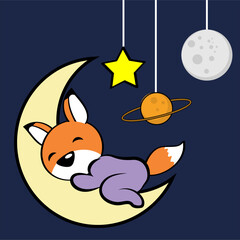 baby fox sleeping cartoon on the moon in vector art