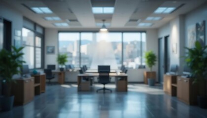 Blurred modern office interior with city view and workstations backdrop