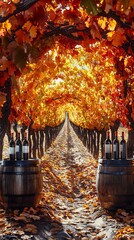 Autumn vineyard scene with barrels and bottles. Golden leaves on trees. Rows receding into the distance