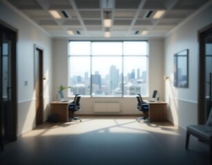 Blurred office interior with expansive city view, workspace perspective