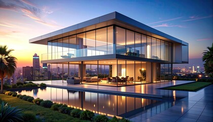 Obraz premium Modern Glass Mansion Sunset over City with Pool Reflects Sky.