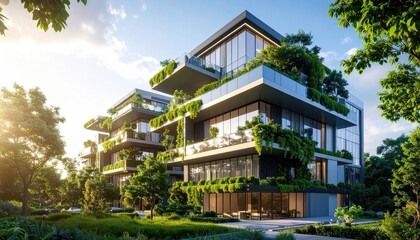 Green Oasis Modern apartment building with integrated greenery  sunlit lawn.