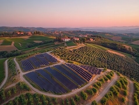 Golden Hour Solar Farm—Panels on Rolling Hills, Top-Down View, Grid Lines in Grass