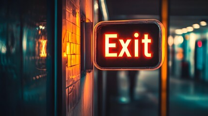 A glowing red exit sign mounted on a wall in a modern corridor with ambient lighting.

