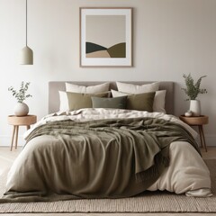 Scandinavian bedroom vector with taupe bed, off-white walls, muted olive blanket, soft natural lighting, minimal decor, cozy and clean design